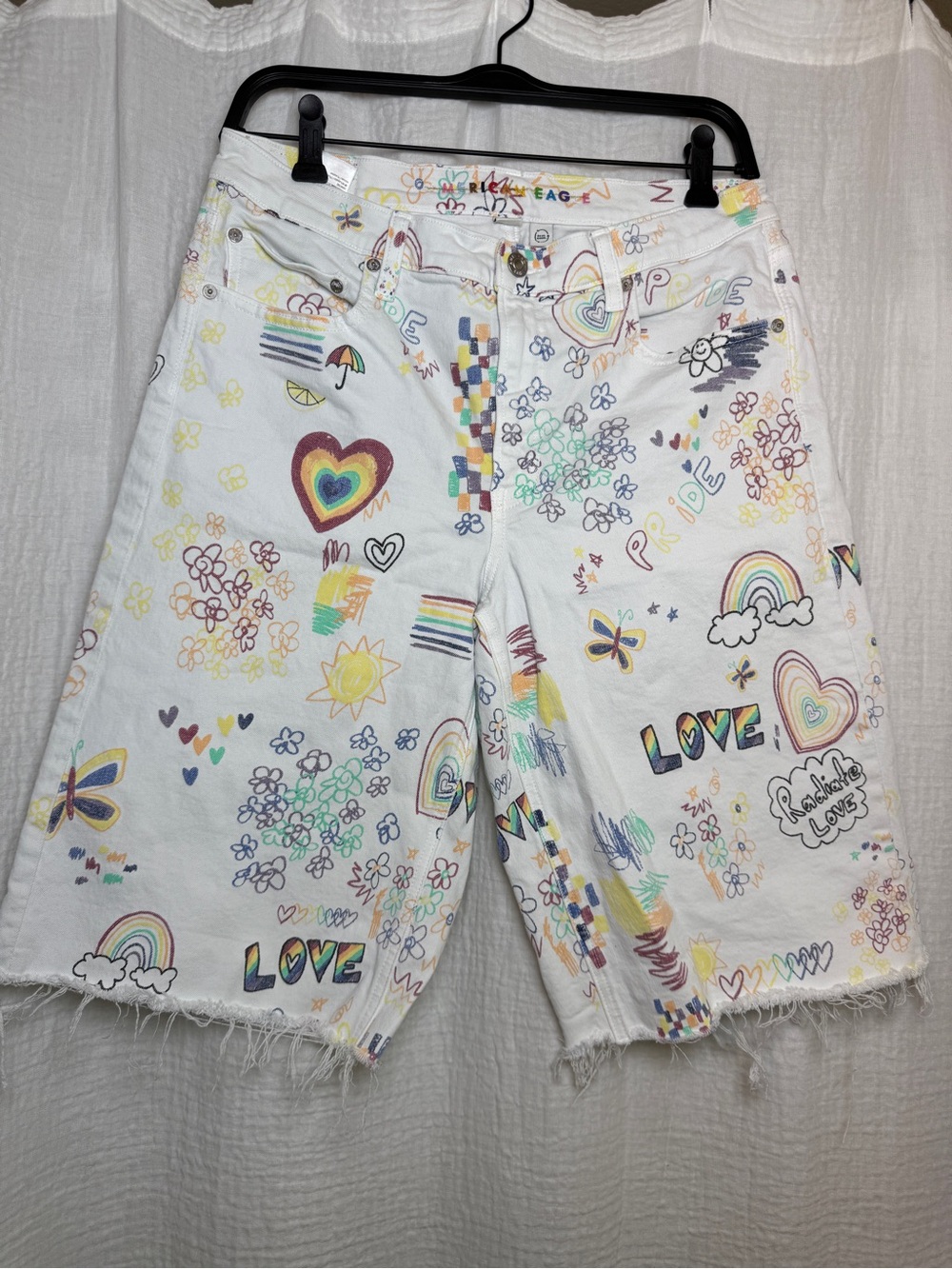 American Eagle Pride Baggy Bermuda Doodle Print Denim Shorts
